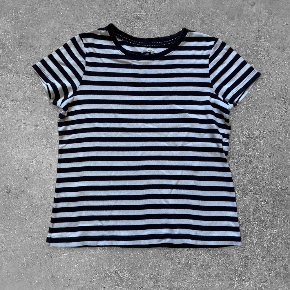 St Johns Bay Navy White Striped Baby Tee Cotton Short Sleeve Top Petite Medium